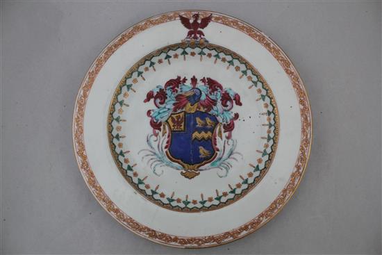 An English porcelain armorial plate and a French armorial breakfast cup, late 18th and late 19th century, 13cm. diam.
